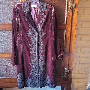 Johnny Was/ Tahari Burgundy Velvet Trench Coat with Detailed black lace.